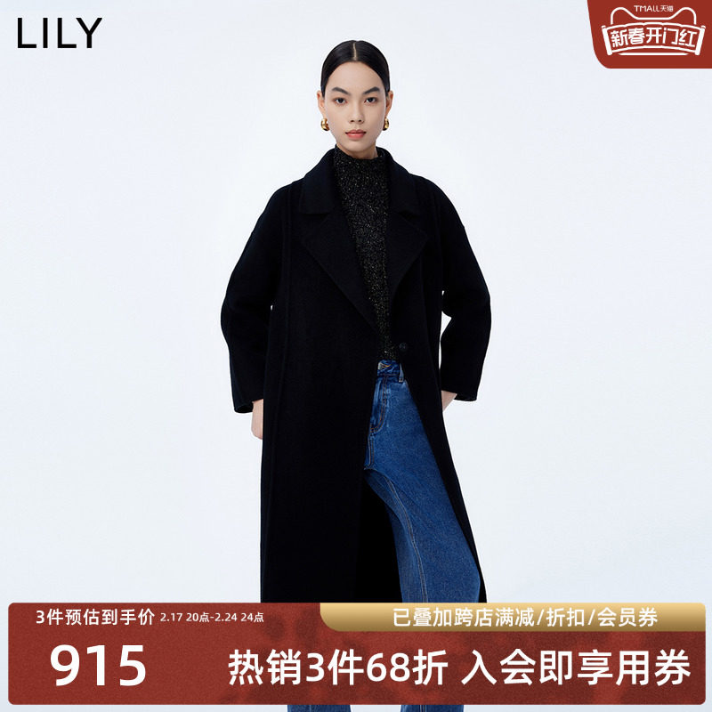 LILY2023冬新款女装全绵羊毛复古气质通勤款时尚黑色毛呢外套大衣