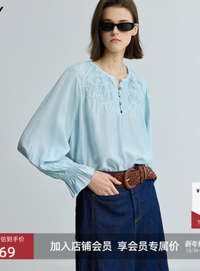 LILY2025新款含绵羊毛微光设计感菱格圆领休闲长袖蓝色套头衫女