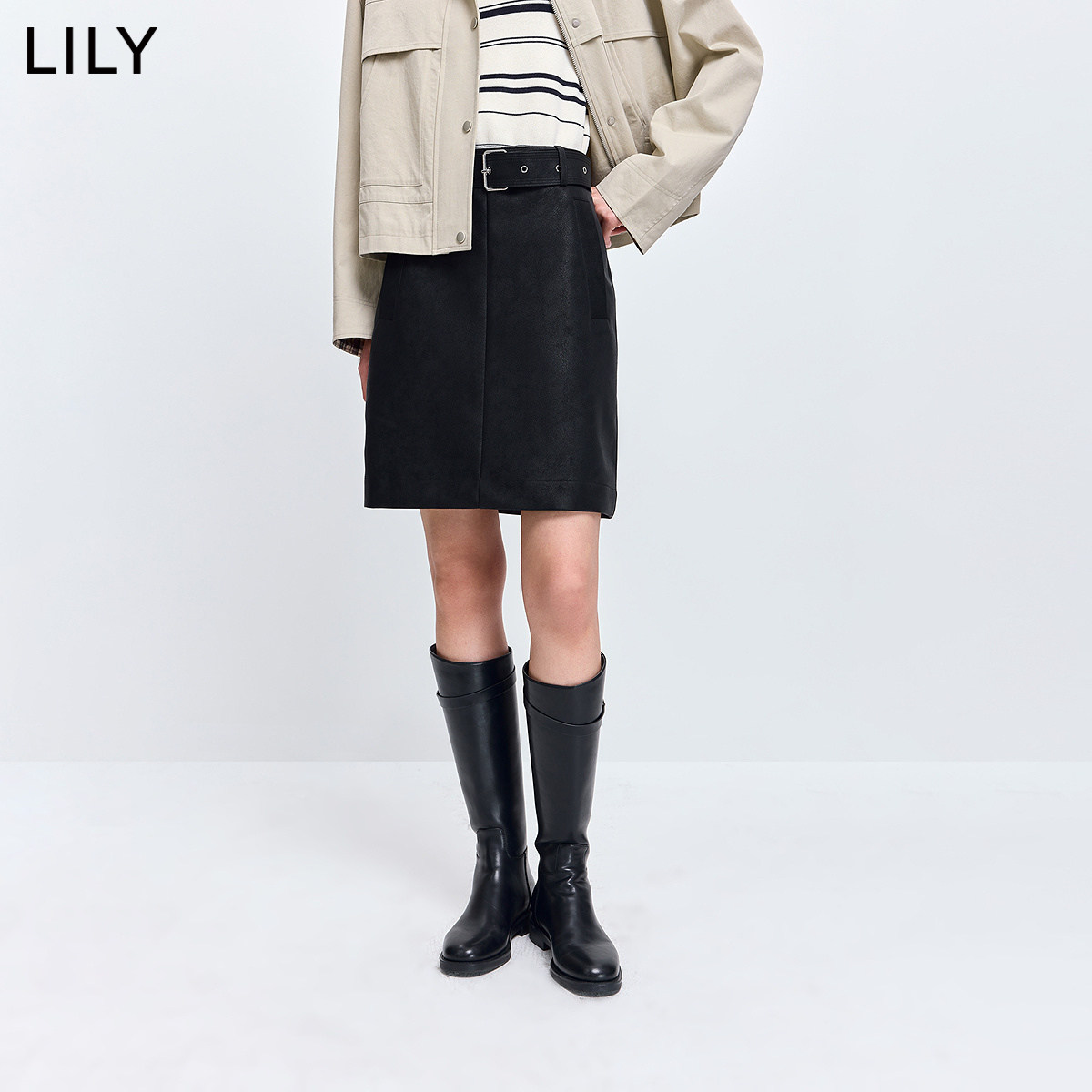 LILY2026春新款复古时髦腰带气质休闲通勤黑色直筒皮裙半身短裙女