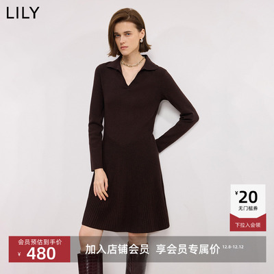 LILY通勤翻领长袖修身连衣裙