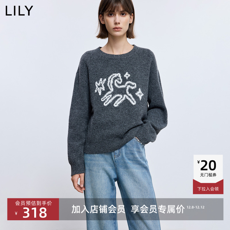 LILY提花圆领格雷系套头针织衫