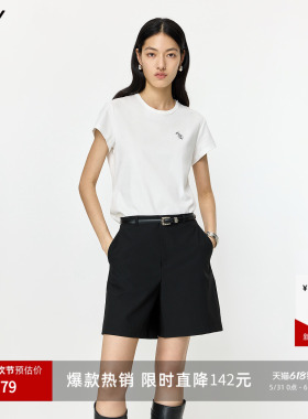 LILY2026夏新款莫代尔棉混纺简约正肩休闲通勤白色短袖T恤女上衣