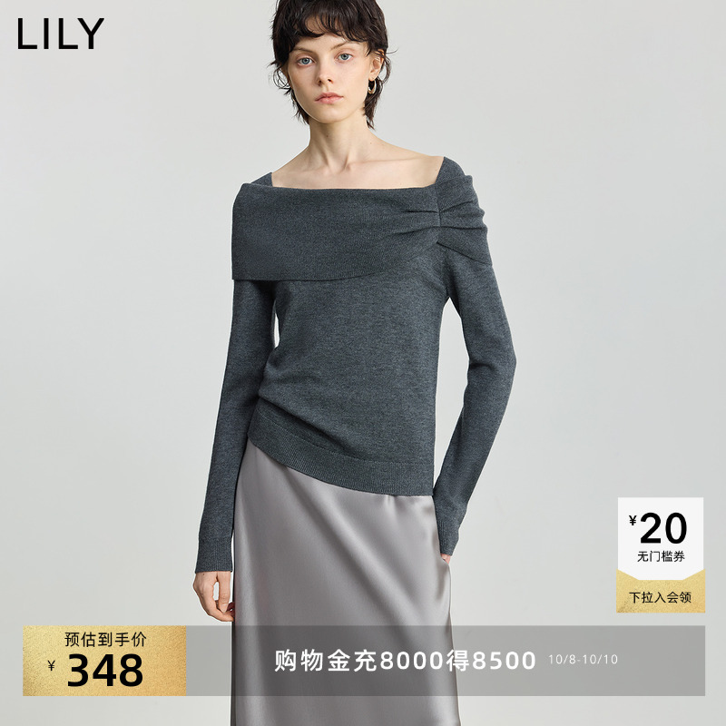 LILY羊毛混纺一字肩套头针织衫