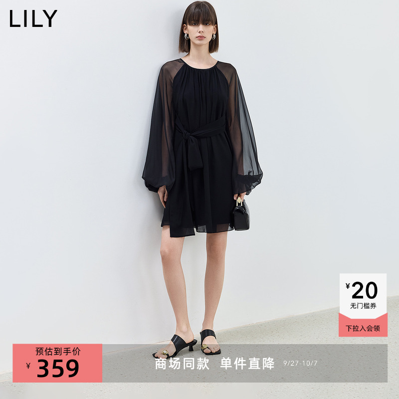 【商场同款】LILY2024夏新款垂坠感袖子设计小黑裙女飘逸连衣裙