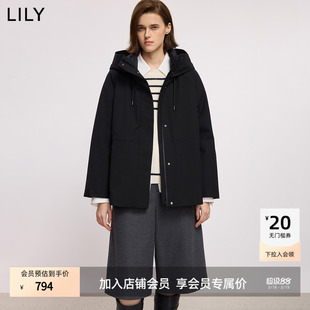 LILY2025冬新款含羊毛90鸭绒连帽抽绳收腰黑色羽绒服外套女中长款