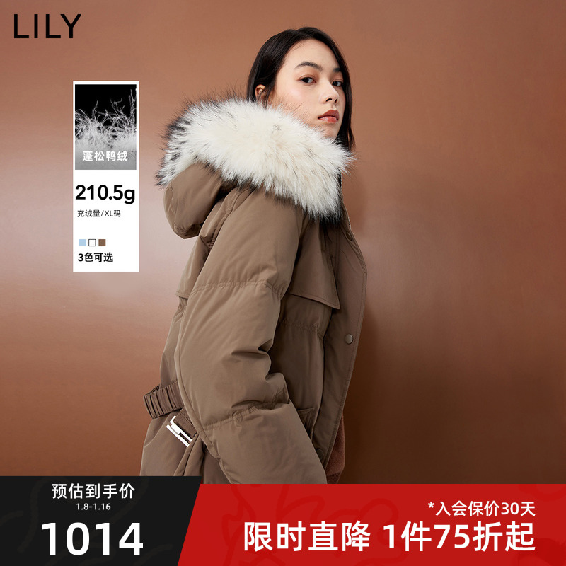 LILY2023冬新款女装保暖鸭绒貉子毛连帽时尚通勤长款羽绒服外套女