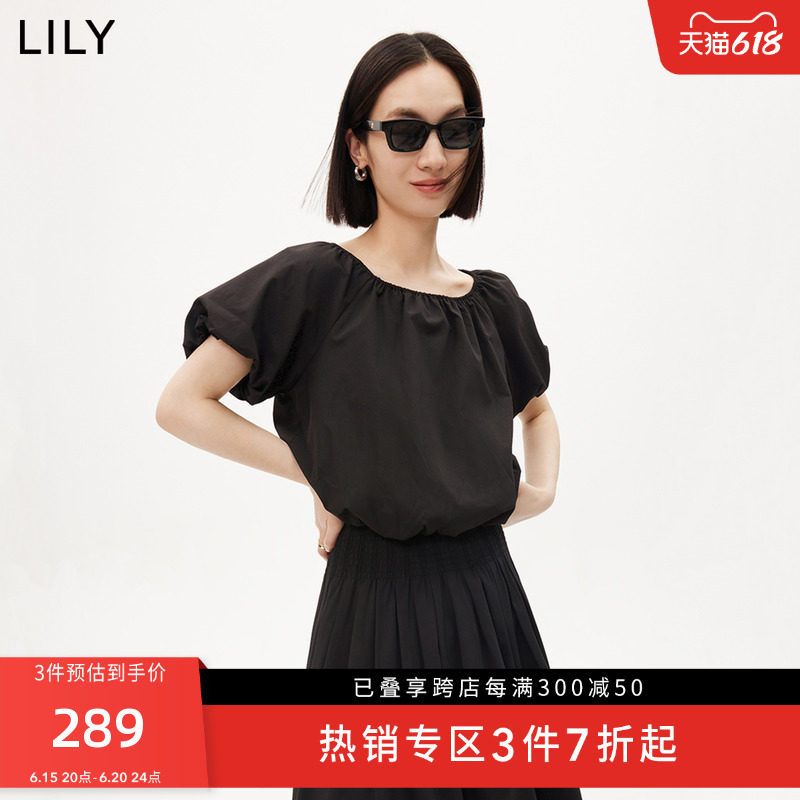 LILY2023夏新款女装抗皱易打理气质通勤款时尚两穿领一字领雪纺衫