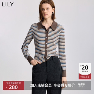 LILY2025冬新款女装含羊毛复古撞色条纹翻领修身加厚加绒针织开衫