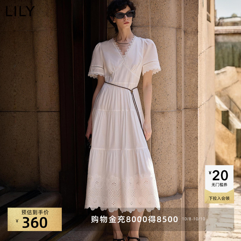 LILY蕾丝收腰V领法式连衣裙