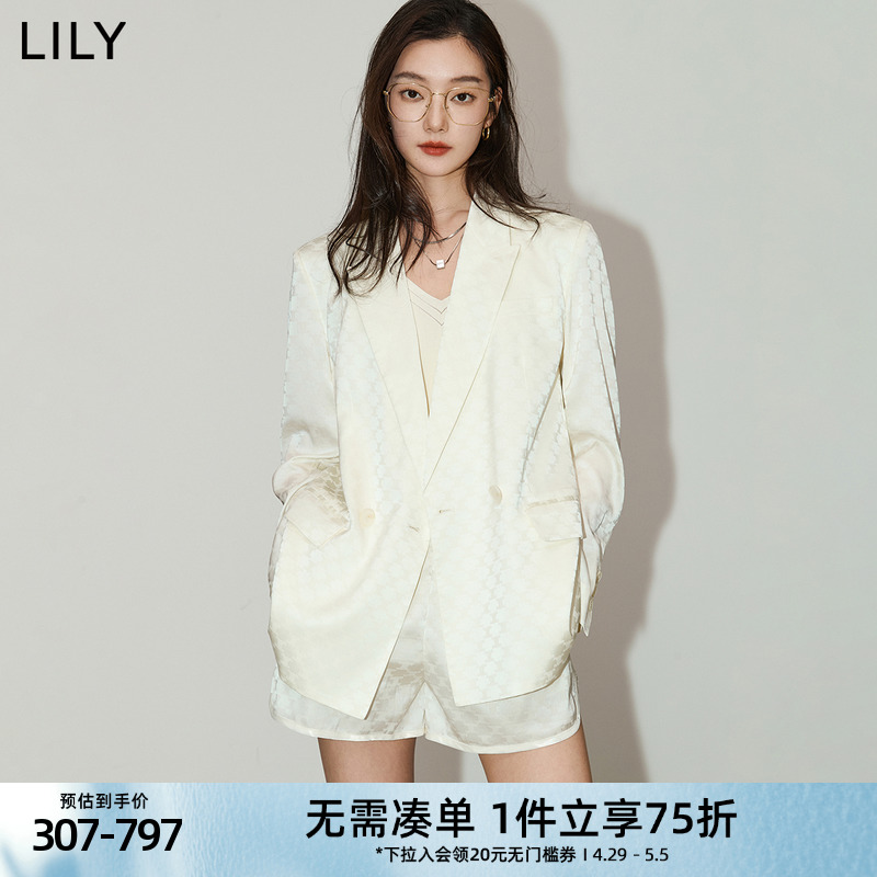 LILY2024夏新款女装复古设计感老花双排扣气质通勤款休闲西装外套