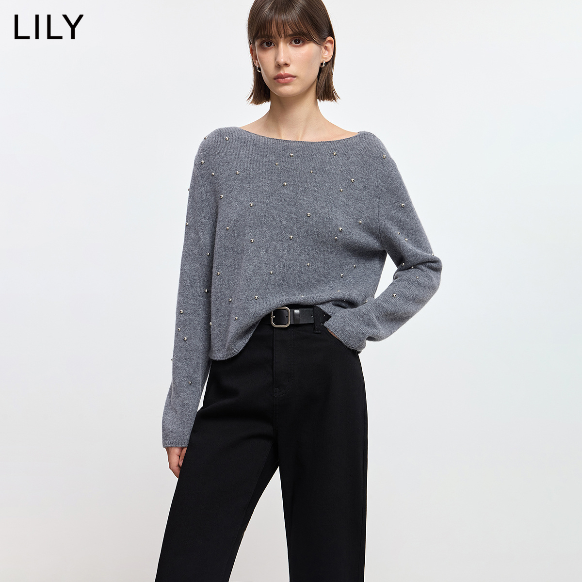 【100%羊毛】商场同款LILY2025冬新款一字肩钉珠休闲针织衫毛衣女