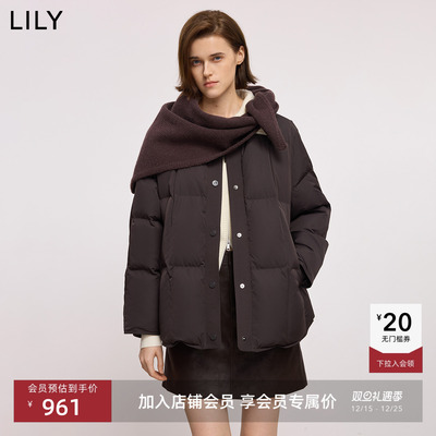 LILY2025冬新款女装含桑蚕丝复古含围巾圆领宽松90鸭绒羽绒服外套