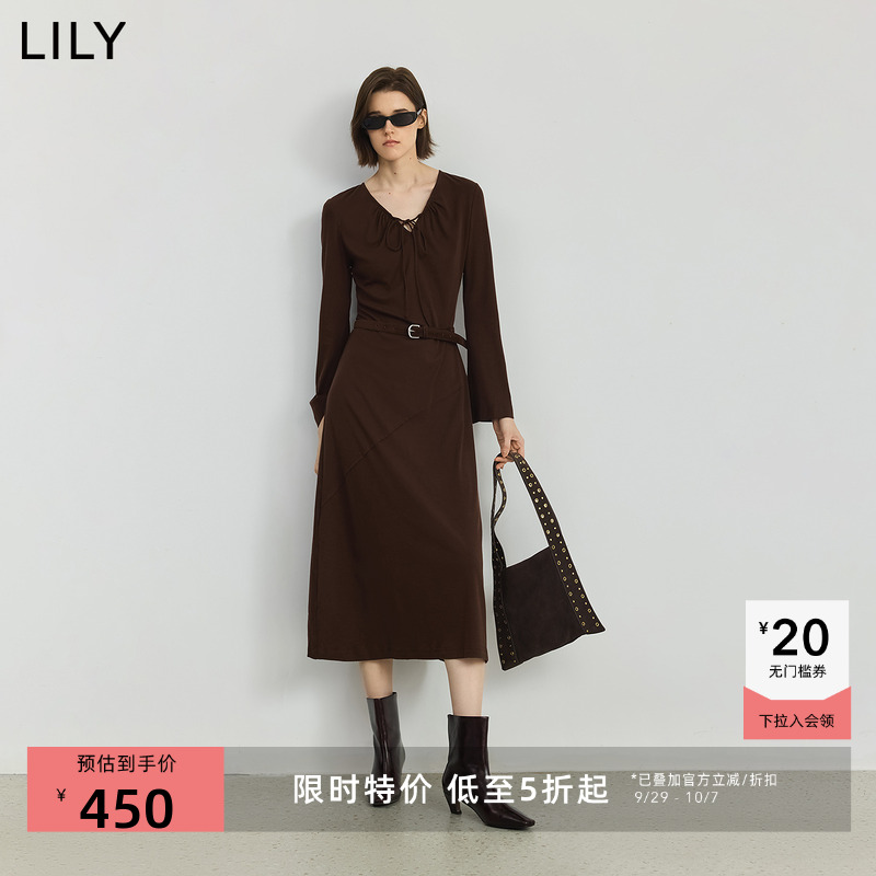 LILY薄款天丝咖色长袖通勤连衣裙