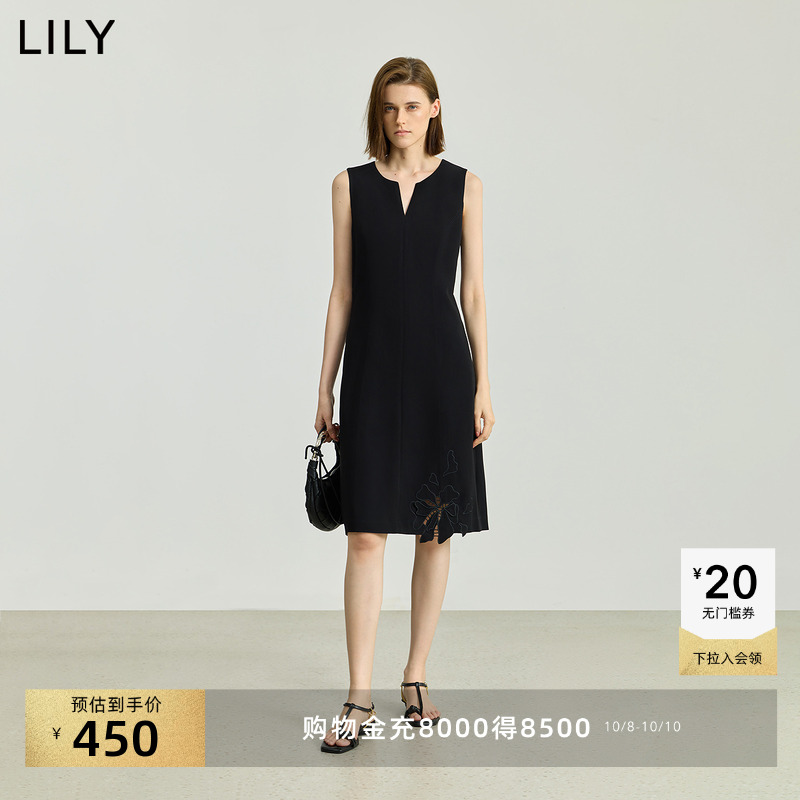 LILY收腰无袖镂空背心钩花小黑裙