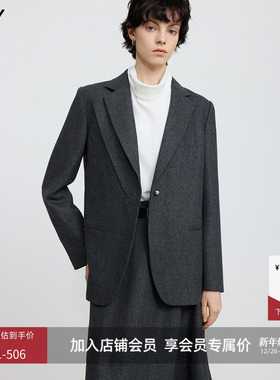 LILY2025冬新款羊毛混纺格雷系不对称气质通勤加厚灰色西装外套女