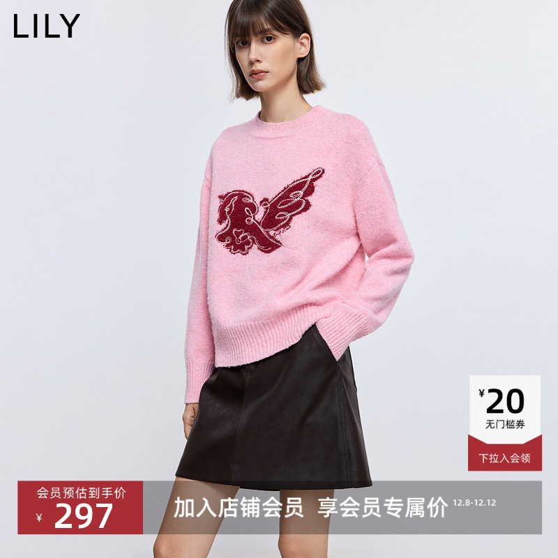 LILY通勤圆领印花宽松套头针织衫