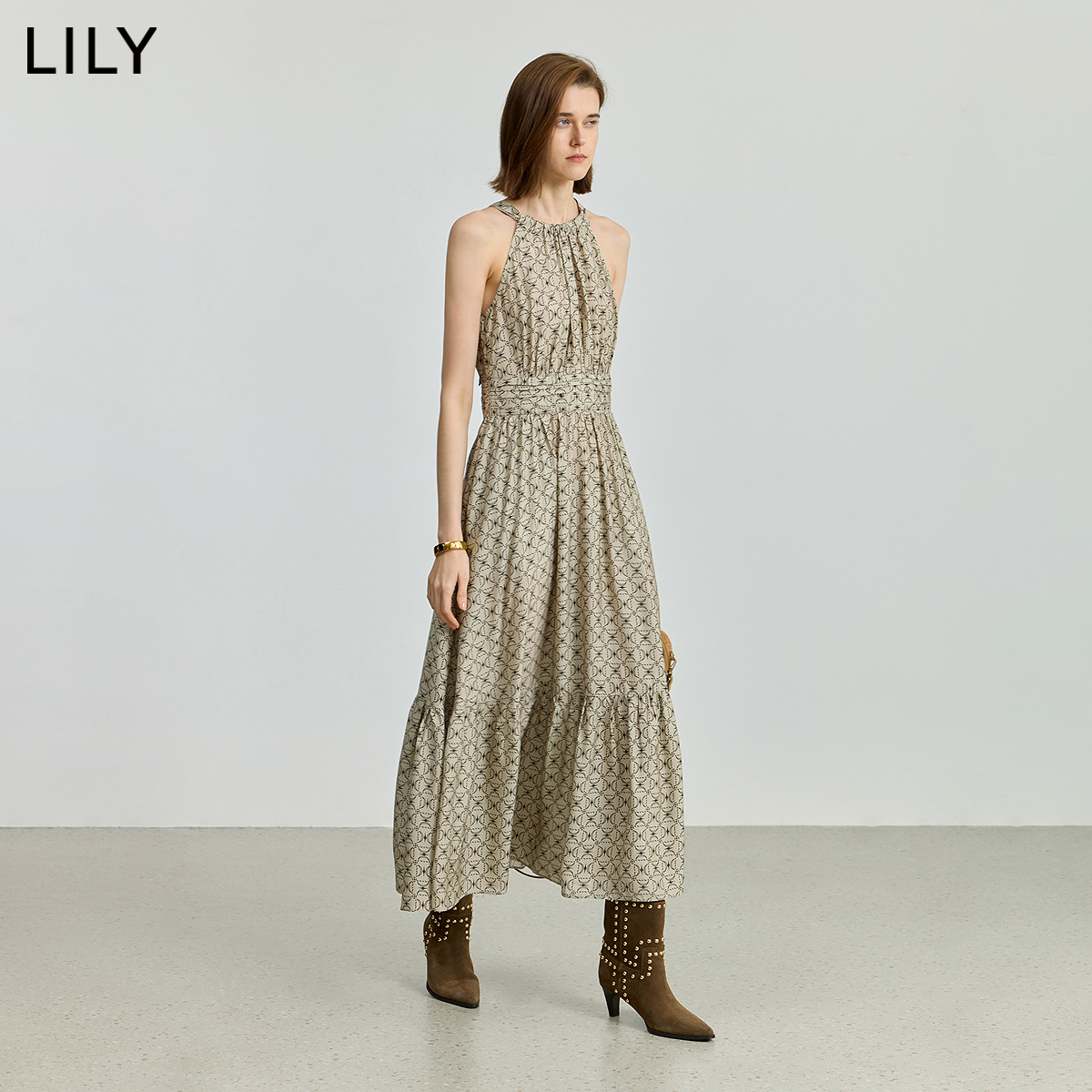 LILY复古老花收腰桑蚕丝连衣裙