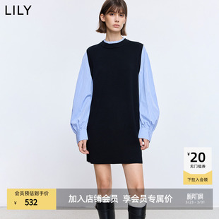 LILY2026春新款 气质通勤深色直筒裙针织连衣裙女 复古拼接条纹长袖