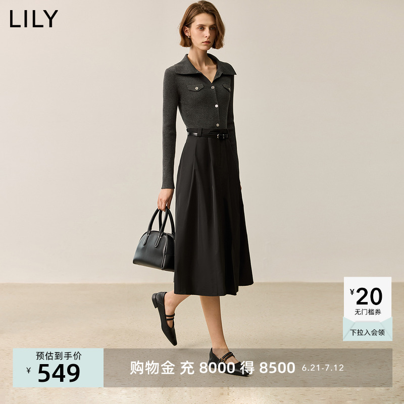 LILY2024秋新款翻领针织拼接修身黑色百褶气质淑女连衣裙A字长裙