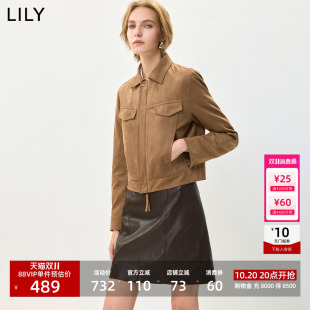 LILY2026秋新款复古翻领百搭休闲通勤浅卡其色长袖夹克外套女短款