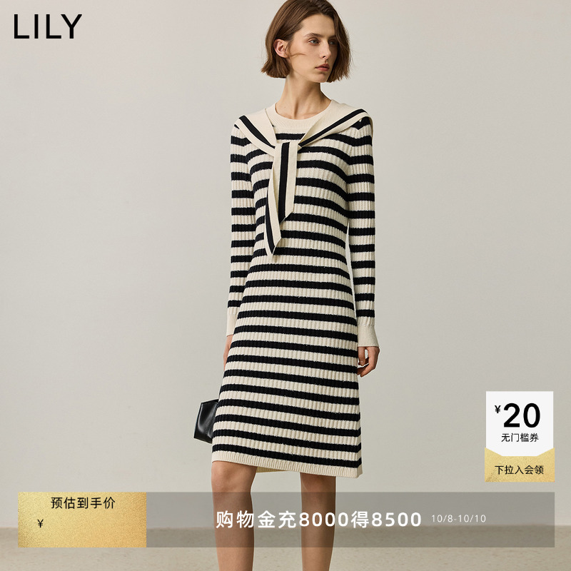 围脖条纹针织连衣裙LILY修身显瘦