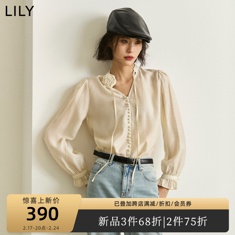 LILY2024春新款女装含亚麻浪漫优雅垂坠感套头衬衫雪纺衫宽松上衣