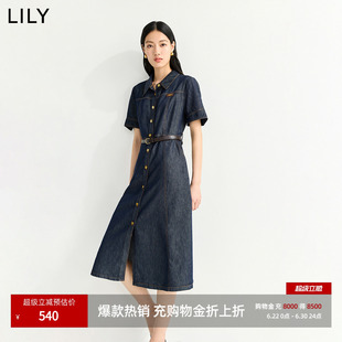 LILY2026夏新款女装含莱赛尔醋酸复古翻领收腰工装牛仔短袖连衣裙