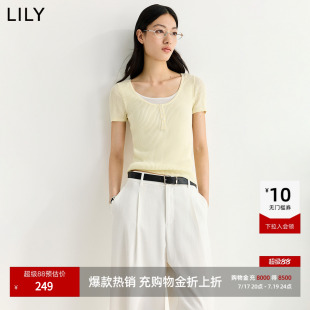 LILY2026夏新款莱赛尔亚麻混纺含醋酸假两件修身短袖针织衫女短款