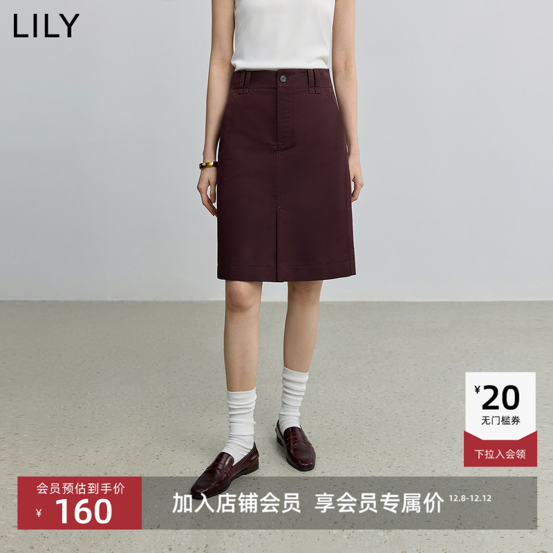 LILY酒红色中高腰复古休闲半身裙