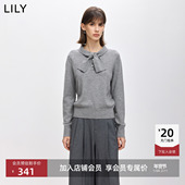 LILY2026春秋新款 毛衣上衣 针织衫 女装 蝴蝶结气质休闲通勤灰色长袖