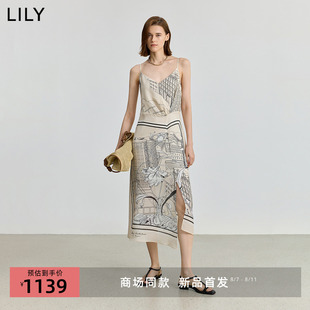 【ART系列】商场同款LILY2025夏女装醋酸混纺斜裁印花收腰连衣裙