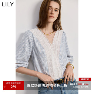 LILY2026夏新款女装法式条纹蕾丝雪纺衫通勤V领短袖泡泡袖套头衫
