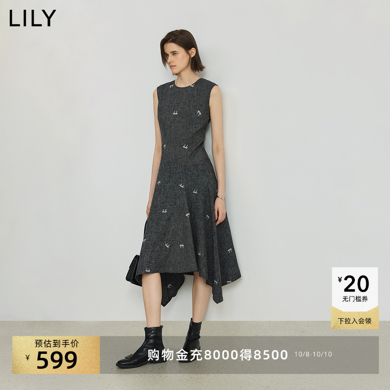 LILY蝴蝶结圆领通勤收腰连衣裙