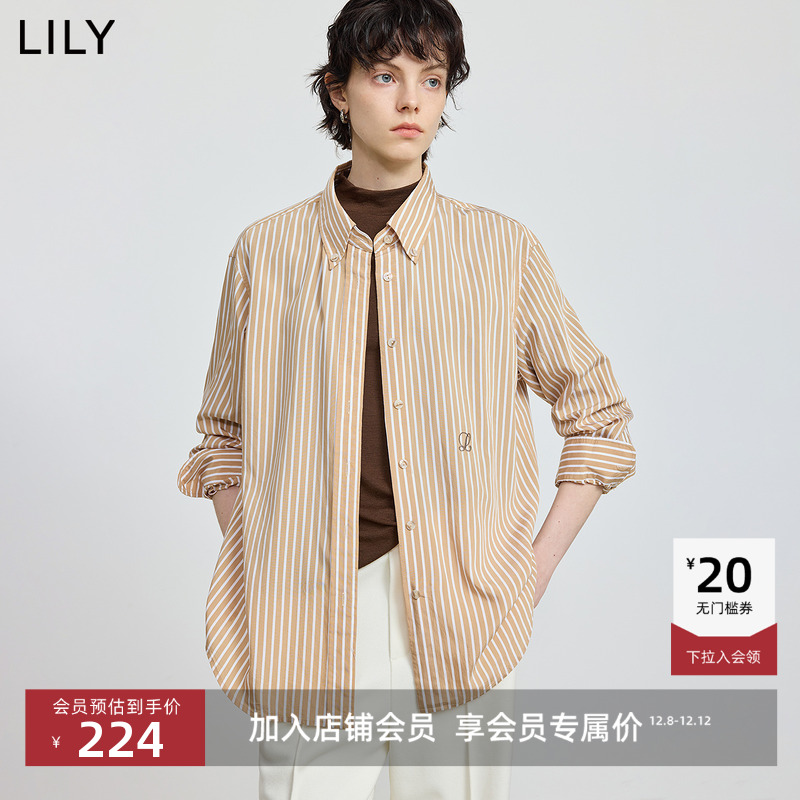 LILY通勤竖条纹翻领长袖复古外套