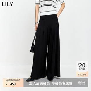 大阔腿裤 含亚麻复古宽松休闲通勤黑色百褶裙裤 女装 LILY2026夏新款