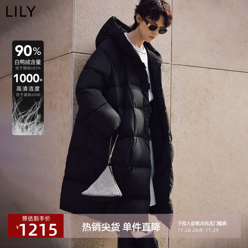 【0压羽绒】LILY2024冬新款女装连帽休闲90鸭绒羽绒服外套女长款