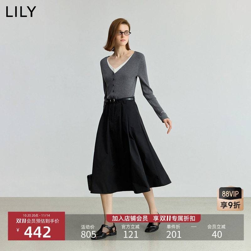 LILY通勤假两件混纺长袖连衣裙