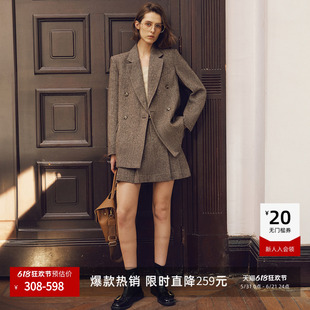 LILY2026新款女装绵羊毛混纺老钱风人字纹驳领廓形通勤西装外套