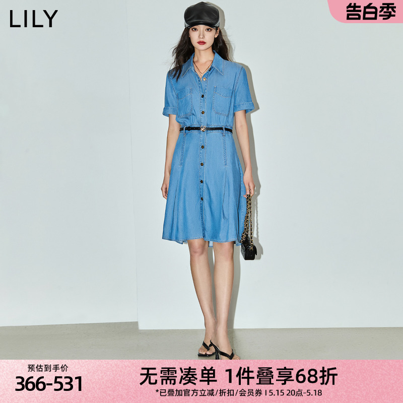 LILY2024夏新款女装复古休闲通勤款中长款牛仔衬衫连衣裙小个子女