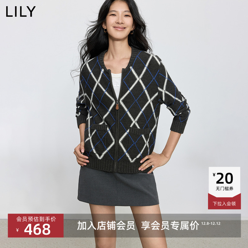 LILY撞色费尔岛格纹格雷针织开衫