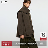 100%羊毛LILY2025冬新款 复古老钱风含围巾宽松通勤毛呢大衣外套女