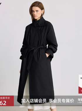 LILY2025冬新款简约立领90鸭绒宽松休闲通勤黑色羽绒服长款外套女