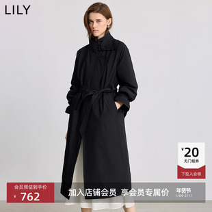 LILY2025冬新款简约立领90鸭绒宽松休闲通勤黑色羽绒服长款外套女