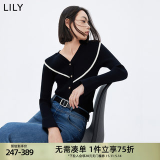 LILY温柔荷叶花边v领修身针织开衫女新款优雅设计感针织衫