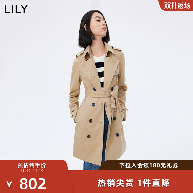 LILY2023秋新款女装复古英伦风时尚双排扣宽松短款风衣外套小个子