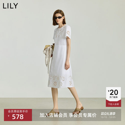 LILY钩花通勤收腰棉麻短袖连衣裙