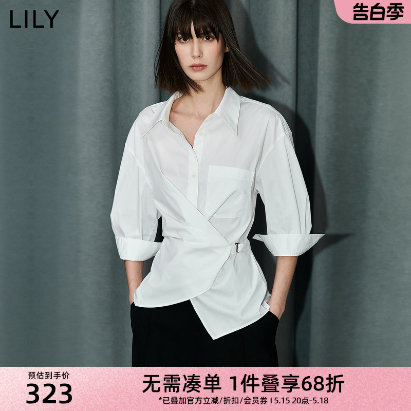 LILY2024夏新款女装设计感不对称腰带气质通勤修身落肩七分袖衬衫