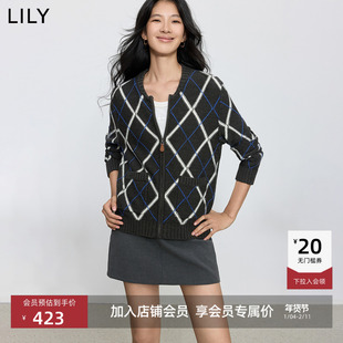 LILY2025新款女装含羊毛格雷系费尔岛撞色格纹灰色针织开衫外套