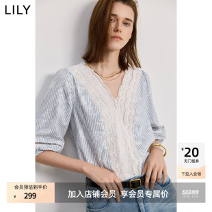 条纹蕾丝雪纺衫 法式 通勤V领短袖 泡泡袖 LILY2026夏新款 套头衫 女装