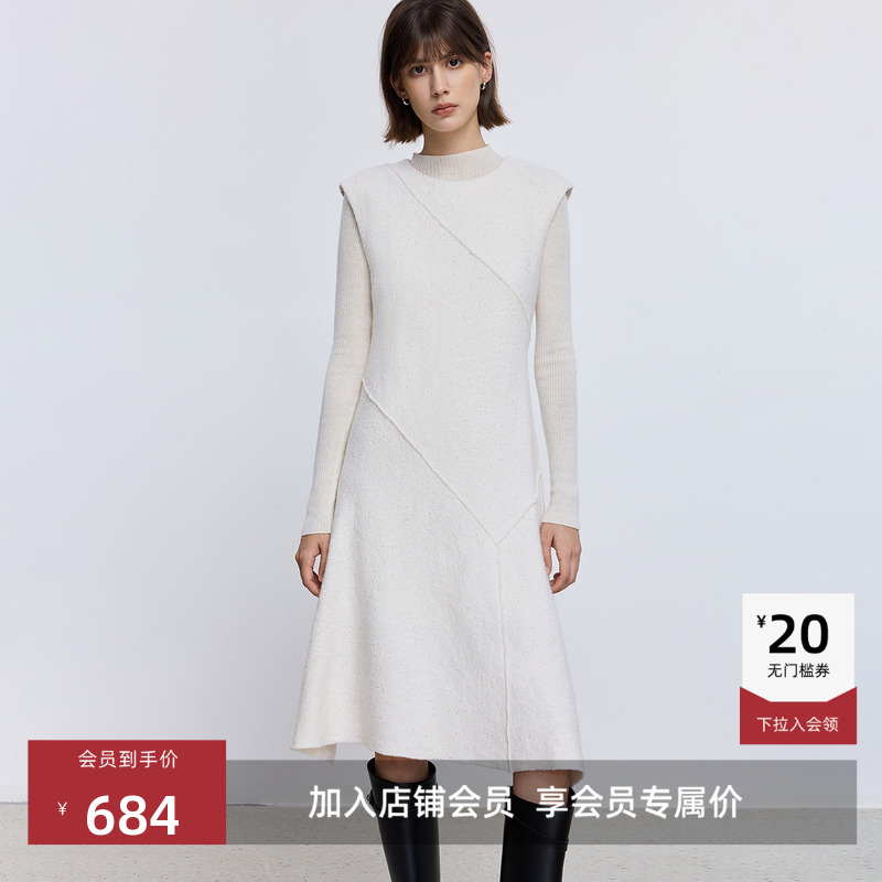 LILY2025冬新款羊毛混纺简约无袖圆领收腰白色毛呢针织裙连衣裙女